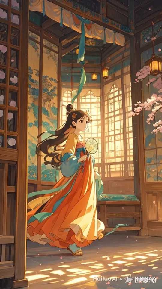 群摆飘扬，桃花飘落 by Hailuo AI Video Generator