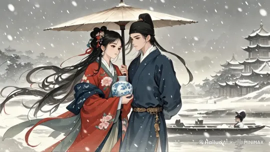 大雪纷飞，河里的船在往前开，镜头右移后围绕主体运镜 by Hailuo AI Video Generator