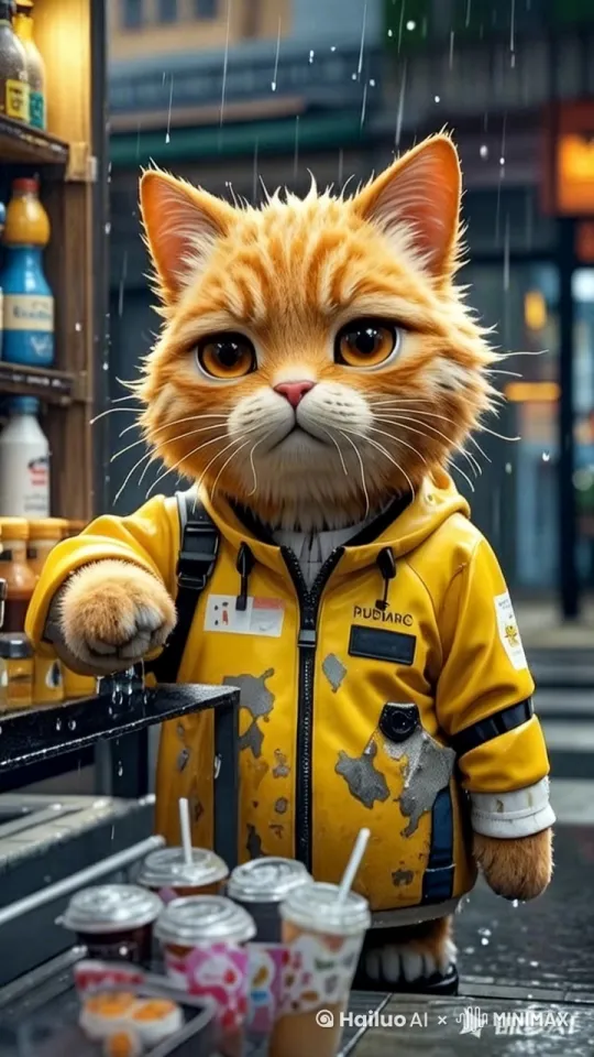 小猫取了饮料就转身向着店门口走去，冒着大雨送外卖去了 by Hailuo AI Video Generator