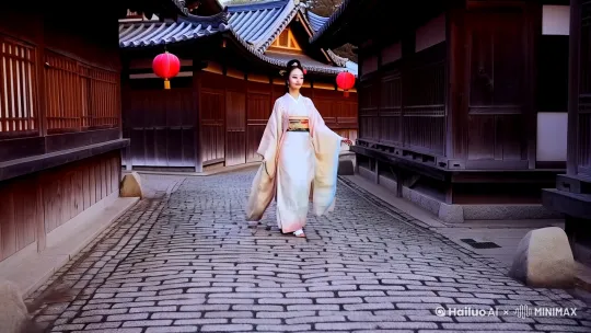 一个穿着汉服的年轻女子，走在街道上。她身着精致的汉服，色彩柔和，衣袂飘飘，仿佛从古代画卷中走出。街道两旁是古色古香的建筑，青石板路映衬着她的步伐，周围点缀着几盏红灯笼，增添了几分古典韵味。女子的面容清秀，神情恬静，仿佛与周围的环境融为一体，展现出一种宁静而优雅的美感。 by Hailuo AI Video Generator