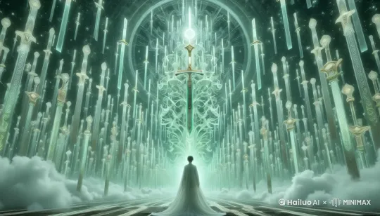 [推出,上升,下摇]宏大的史诗奇幻场景。一名普通人站在密密麻麻悬浮的古代长剑之中，这些剑散发着冰冷的银色金属光泽，剑柄上雕刻着繁复的纹饰。他的目光敬畏地仰望着前方一把巨大的发光长剑，剑身被浅绿色光芒包裹，如同夜空中最亮的星。这把巨剑悬于半空，其上的符文闪烁着幽幽的光，仿佛拥有生命。四周，剑阵在绿光的引导下缓缓启动，剑刃上的光芒如同灵动的丝线，缠绕、飞舞、旋转，形成一幅变幻莫测的光影画卷。剑影交错，光芒渐强，照亮了铺满云雾的地面，将整个场景渲染得既神秘又庄严。动态古风特效，剑阵随音乐节奏舞动，营造出一种震撼人心的视觉盛宴 by Hailuo AI Video Generator