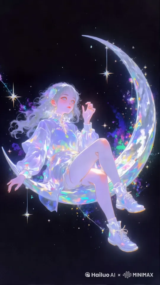 [左移,右摇,跟随]坐在月亮上的少女，可爱，治愈，少量动态，梦幻场景 by Hailuo AI Video Generator