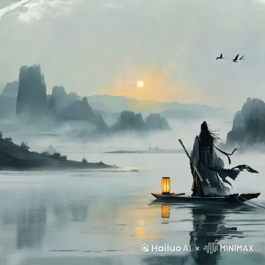 水气萦绕，船在水面前行，飞鸟穿过天空[左移,推进,右摇] by Hailuo AI Video Generator