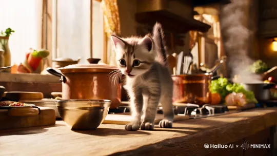 小猫咪在温馨的厨房里做着美食30秒 by Hailuo AI Video Generator