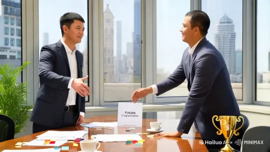 主题描述：现代办公室内两位商务人士签署电力合作协议后握手，自然光线透过落地窗洒在实木会议桌上，双方嘴角上扬眼神坚定，有力的双手紧握，背景可见城市天际线，桌面上散落着文件印章和咖啡杯，角落摆放着绿植和金色合作奖杯；美学词：高分辨率商业摄影，柔和光影刻画面部细节，温暖色调突出专业氛围，景深效果突出人物主体；专业词：8K超清画质，富士GFX100s拍摄，f/2.8大光圈，专业商务场景构图，真实皮肤纹理与布料质感。 by Hailuo AI Video Generator
