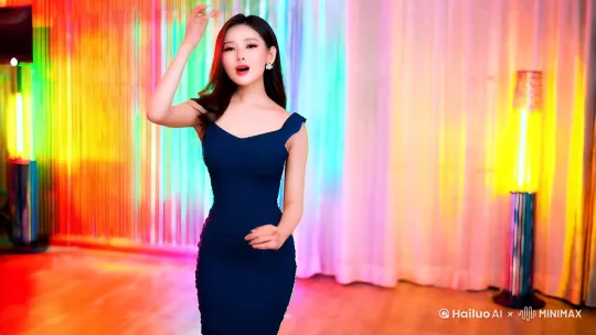 [左移,右摇,跟随]一个20岁美女，身着时尚包臀裙，在KTV里面边唱歌边扭动身体。[左移,右摇,跟随] by Hailuo AI Video Generator