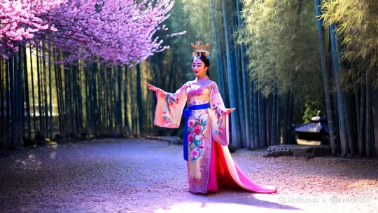 中国风古典舞蹈视频，“她”身着华丽的传统汉服，头戴金丝镶嵌翠玉的发冠，行走于古色古香的园林之中。女子步履轻盈，如同仙子下凡，每一步都伴随着裙摆的轻轻摇曳。她的服装上绣有繁复的牡丹与凤凰图案，色彩斑斓，尽显东方美学。腰间的蓝色丝带随风飘扬，增添了几分灵动。背景是一片葱郁的竹林与盛开的桃花，阳光透过树叶洒下斑驳光影，营造出一种静谧而神秘的氛围。镜头从远至近缓缓推进，捕捉到她每一个优雅的动作，最后定格在她含笑凝眸的一瞬，仿佛能听见花瓣落地的声音。全景至近景动态追踪拍摄。 by Hailuo AI Video Generator