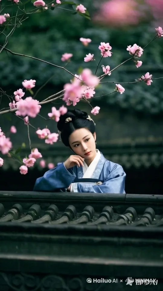 女子在墙头上赏花，表情忧郁， by Hailuo AI Video Generator