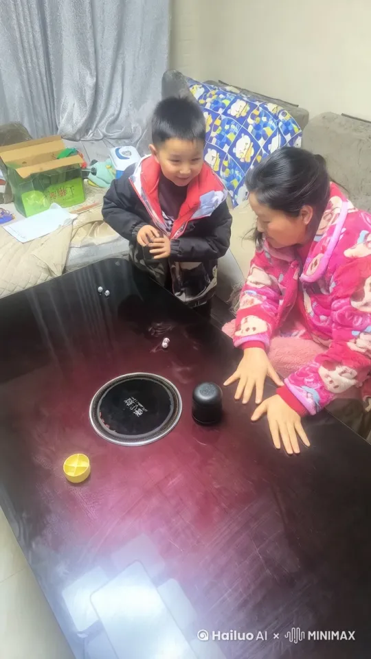 镜头拉近，小男孩拿起骰盅往妈妈头上砸去，妈妈右掌横切，小孩跳起来一个后空翻躲过，妈妈一记头槌撞去，小孩一招白鹤亮翅继续躲开，妈妈飞起一脚，小孩狠狠撞到墙上 by Hailuo AI Video Generator