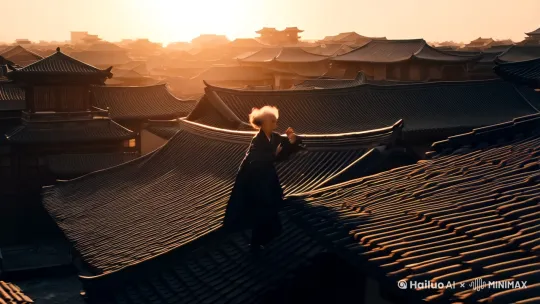 主题: 老年女性武侠高手在古镇屋顶飞檐走壁的精彩瞬间

场景设定:
- 地点: 传统中式古镇，屋顶鳞次栉比
- 时间: 黄昏时分
- 光影: 高对比度光影

人物设定:
- 角色: 老年女性，身着传统武侠服饰
- 动作:
  1. 起跳: 从地面轻盈跃起
  2. 飞檐走壁: 在屋顶上快速移动
  3. 飞踢动作: 空中飞踢，动作动态模糊
  4. 瓦片飞溅: 瓦片被踢碎，四处飞溅
  5. 空中悬停: 短暂悬停，姿态优雅

镜头运用:
- 超广角镜头: 捕捉全景
- 动态镜头: 跟随人物动作移动
- 特写镜头: 捕捉面部表情和动作细节
- 慢动作: 在飞踢和空中悬停时使用

光影效果:
- 黄昏光影: 夕阳余晖洒在人物和建筑上
- 高对比度光影: 强化光影效果

背景音效:
- 风声: 轻微的风声
- 瓦片碎裂声: 飞踢时瓦片碎裂的声音
- 背景音乐: 节奏感强的音乐

色彩与质感:
- 水墨画质感: 整体画面具有水墨画般的质感
- 高对比度色彩: 突显人物与背景的对比[右移,左摇,跟随] by Hailuo AI Video Generator