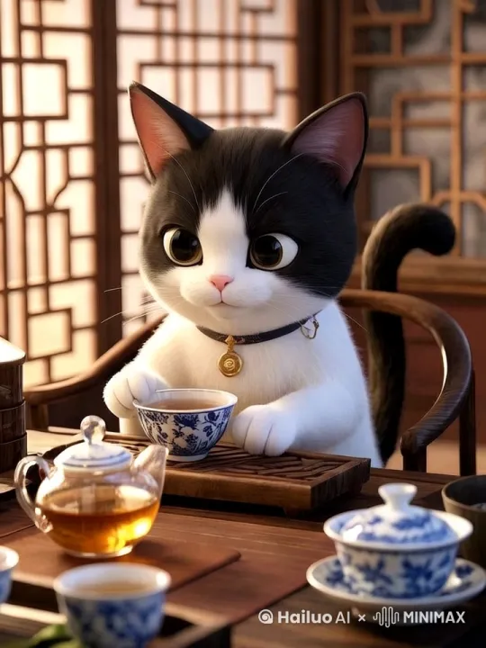 推镜头（推进式运镜）：
开场从茶楼全景（如木质门窗、古雅环境）缓慢向前推近，镜头焦点逐渐锁定到猫咪身上，通过画面由远及近的收缩，自然引出猫咪泡茶喝茶的主体画面，营造 “沉浸式进入悠闲场景” 的氛围。 by Hailuo AI Video Generator
