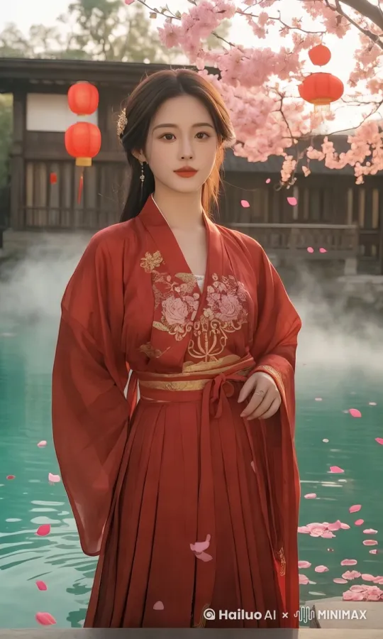 4K超清画质，电影级镜头，唯美古风场景，身穿华丽红色汉服的年轻女子（丝绸材质，刺绣金纹），乌黑长发及腰，发间插着珍珠发簪，站在雾气缭绕的温泉池边（背景有樱花树和木质围栏），温泉水泛着翡翠色光芒，水面漂浮着粉色花瓣，远处隐约可见挂着红灯笼的日式庭院，暖黄色夕阳光线，柔焦效果，动态飘落的樱花花瓣，人物优雅转身时汉服下摆轻轻扬起[推出,上升,下摇] by Hailuo AI Video Generator