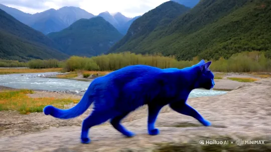 一一只蓝色的猫一直在走路，他翻山越岭。然后遇到了一个黑色的人，黑色的人吃掉了汉堡。然后蓝色的猫跳进了河里。 by Hailuo AI Video Generator