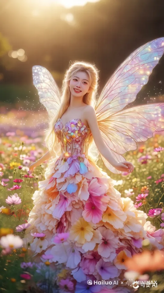 A young woman in a dreamy dress made of colorful petals, dancing gracefully in a vibrant flower field. Her golden hair shimmers with a soft glow, and her butterfly-like wings are adorned with colorful light points. The scene is filled with a dreamy atmosphere, with natural light casting dappled shadows and creating a halo effect around her. The colors are vibrant and soft, with warm tones, gold, pink, purple, etc. The video captures the essence of a dream world with cinematic lighting and ‌‍ by Hailuo AI Video Generator