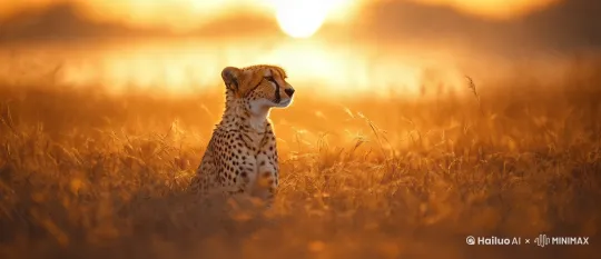 National Geographic-style video sequence: Start with a close-up of a cheetah's piercing eyes, its fur glowing in the warm golden light of the savannah. The camera slowly pulls back to reveal the cheetah crouched low in the tall grass, muscles tensed. Suddenly, it bursts into a high-speed chase, the camera tracking its movement with a smooth, dynamic pan. Transition to a wide aerial shot of the savannah, the cheetah sprinting across the golden plains, dust kicking up behind it. Cut to a slow-motion close-up of its paws hitting the ground, the grass swaying with each powerful stride. End with the cheetah catching its prey, the sun setting behind the horizon, casting a warm, golden hue over the scene. Ultra-realistic, 8K resolution, cinematic lighting, and immersive sound design capturing the rustle of grass and the cheetah's heavy breathing by Hailuo AI Video Generator