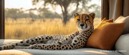 high-energy National Geographic-style video starting with a close-up of a majestic cheetah lounging on a plush beige couch inside a modern safari lodge, its spotted fur glowing in the golden light of dawn streaming through a large window. In the first second, zoom in on the cheetah’s piercing amber eyes, reflecting the wild savanna outside. At the 2-second mark, swiftly transition with a dynamic swipe to a wide shot of the cheetah leaping off the couch and sprinting through the tall, dry grass of the savanna, the lodge fading into the background. By the 4-second mark, cut to a dramatic low-angle shot of the cheetah mid-stride, muscles rippling, with the rising sun casting long shadows and illuminating the acacia trees in the distance. End with a quick fade to the cheetah standing proudly on a small hill, gazing over the endless plains, accompanied by the sound of rustling grass and a distant bird call, with warm, cinematic color grading by Hailuo AI Video Generator