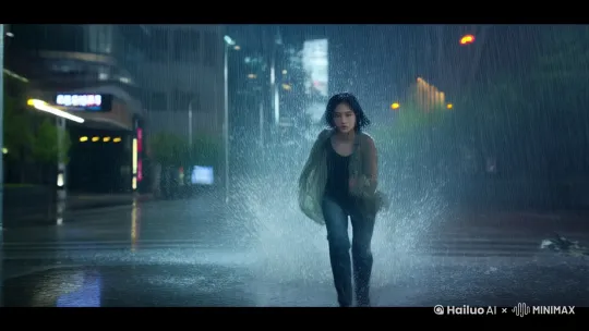 女人在大雨中狂奔，雨水淋湿了头发和衣服 by Hailuo AI Video Generator
