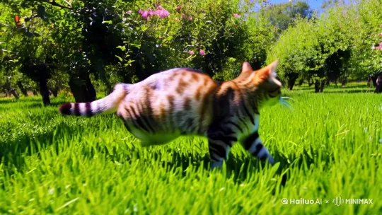 一只胖胖的狸花猫在果园里抓蝴蝶 by Hailuo AI Video Generator