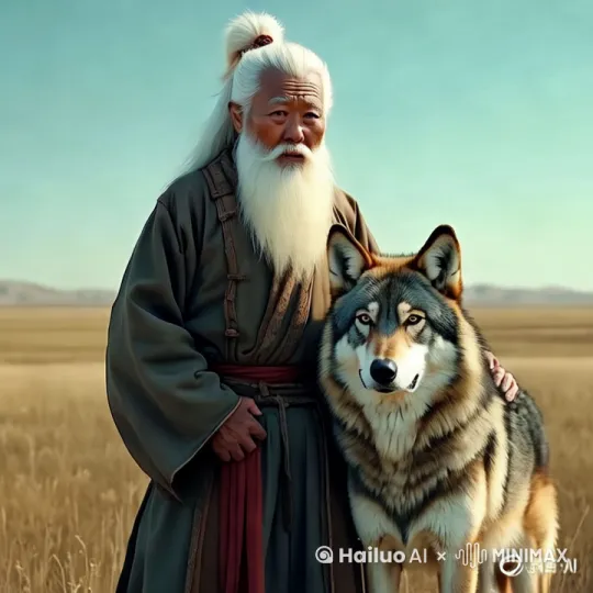 一位头发和胡须全白的老人与一匹高大狼站在一起，在广阔草原上，老人身着传统蒙古服饰，狼安静威严，背景是晴朗蓝天和辽阔草原，营造出宁静自然氛围。
视频生成时，镜头从远处推进聚焦老人和狼，草原风拂过，草叶摇曳，老人微笑，狼耳朵微动显警觉，衣摆毛皮随风飘动，自然光照下形成明暗对比，突出轮廓，电影级调色，视频生成后电影大片感。[变焦拉远] by Hailuo AI Video Generator