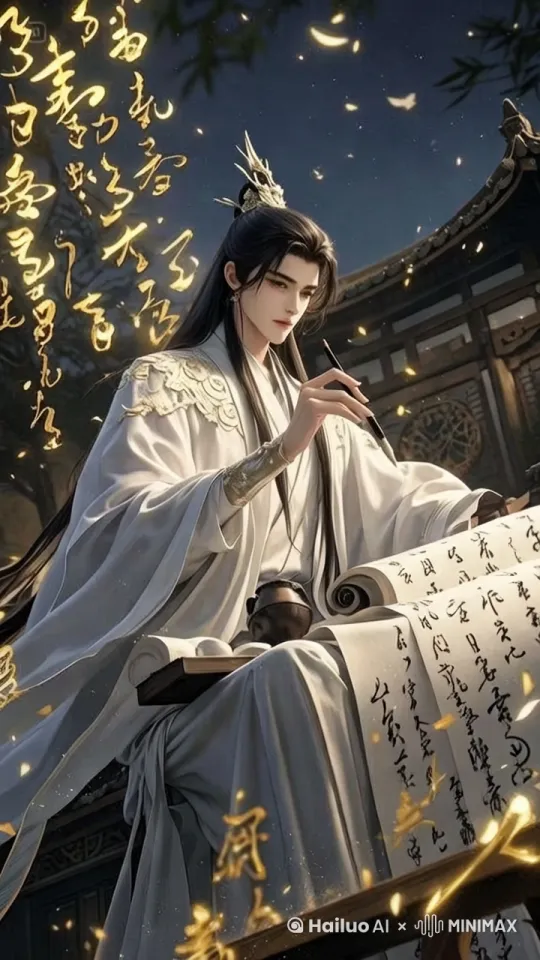 古风插画，一个穿着中国古代服装的男子，拿着一支毛笔，在天空上书写书法，周围漂浮着无数闪闪发光的金色文字。这个角色是从上方拍摄的特写镜头，营造出一种电影般的氛围。它具有高对比度的颜色和精致的细节，背景黑暗，色调神秘。以虚幻引擎5的风格，它展示了令人惊叹的现实主义、超高分辨率图像和高清分辨率。金色字围绕全身，镜头右移，然后男子缓缓抬头看向前方，镜头随着缓慢拉远 by Hailuo AI Video Generator