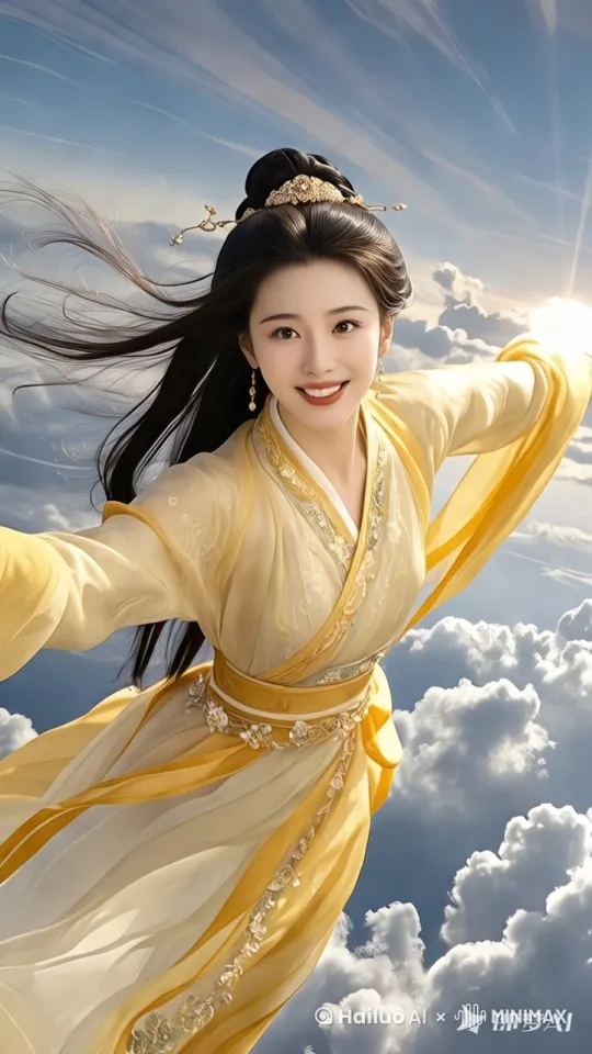 美女悬浮在地空中向前飞行，快速向前飞行，都穿越在云海，无人机附拍捕捉飞行，镜头跟随 by Hailuo AI Video Generator