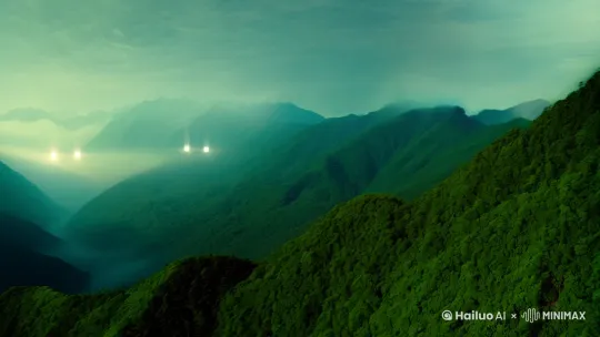 云雾缭绕的青山，隐约闪过一道白光[左移,推进,右摇] by Hailuo AI Video Generator