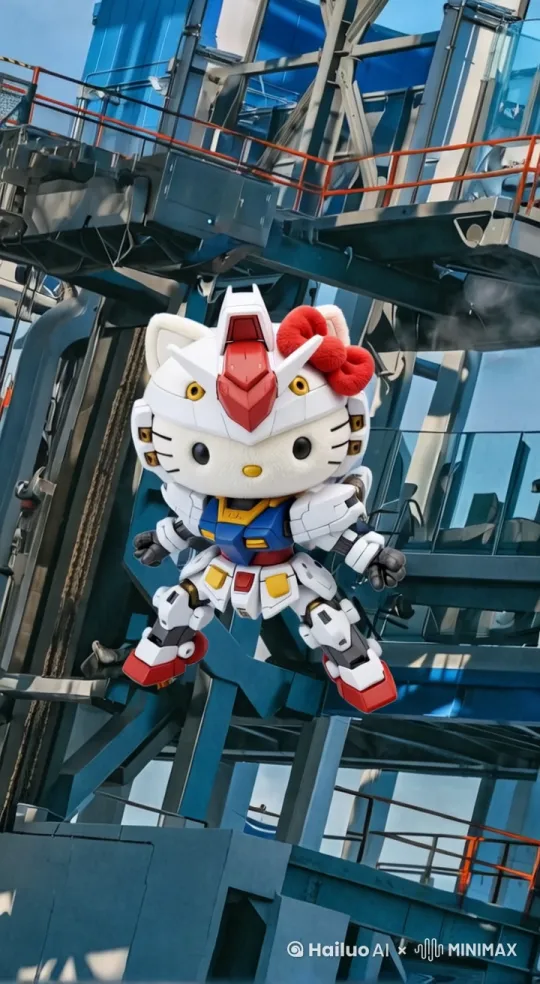 主体：粉色机甲版Hello Kitty
动作： 
1 蝴蝶结变成盾牌，从背后掏出光束步枪
2 机甲从基地，背包喷射起飞（带彩虹尾焰）
3 射击2枪，360度回转，摆pos

特效关键词： 
「金属萌系质感」「机甲变装动画」「粉色冲击波」 by Hailuo AI Video Generator
