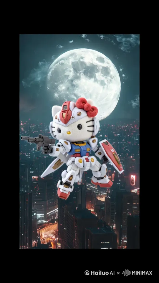主体：粉色机甲版Hello Kitty
动作： 
1 蝴蝶结变成盾牌，从背后掏出光束步枪
2 机甲从基地，背包喷射起飞（带彩虹尾焰）
3 射击2枪，360度回转，摆pos

特效关键词： 
「金属萌系质感」「机甲变装动画」「粉色冲击波」 by Hailuo AI Video Generator