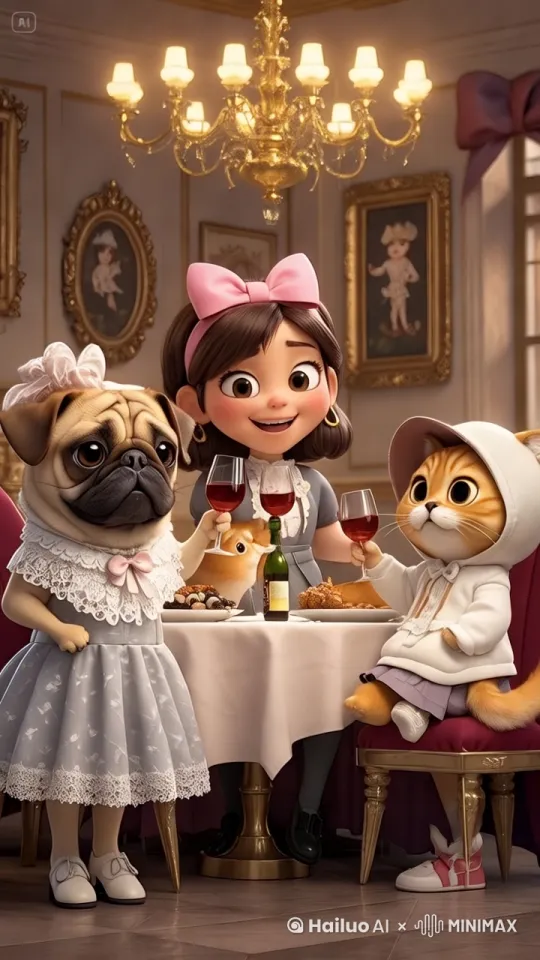 真实摄影高质量，高清画质，电影质感，巴哥犬妹妹和两个朋友谈笑风生，碰杯，举杯畅饮，主体动作流畅合逻辑 by Hailuo AI Video Generator