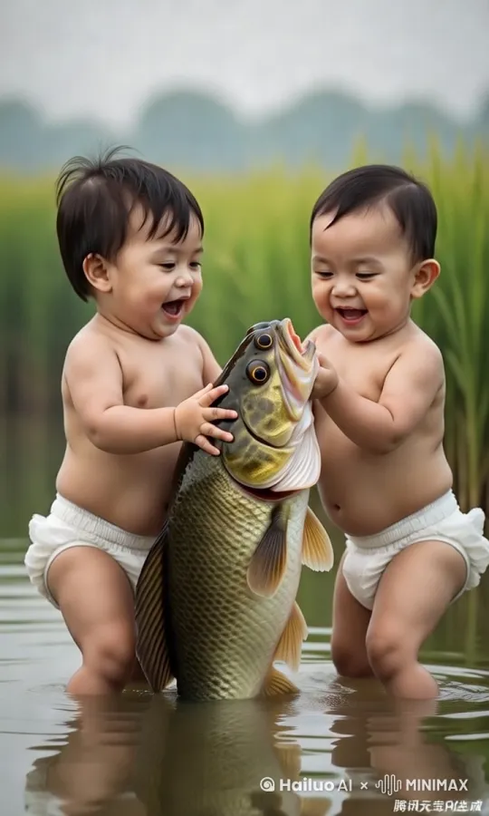 鱼儿拼命挣扎，两个小孩抓的牢牢的，小孩一直笑呵呵的 by Hailuo AI Video Generator