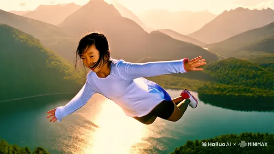 像超人一样在空中飞行，下面有高山，湖泊和树 by Hailuo AI Video Generator