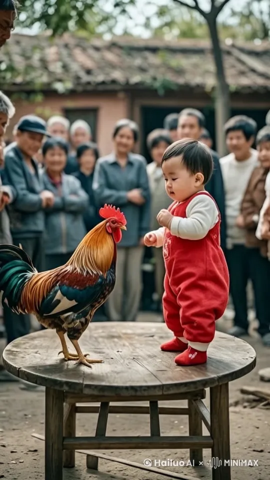 在阳光明媚的午后，一只大公鸡与一位一岁的男童，竟然别开生面地上演了一场“打架”戏，大公鸡凶巴巴地往男童身上打去，而男童则飞快地拳打脚踢与大公鸡打得不相上下，动作丝滑 by Hailuo AI Video Generator