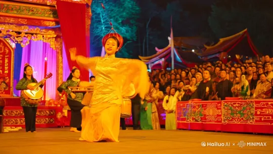 女神节，在中国一位年轻漂亮的出众的中国美女，在舞台上兴高采烈的跳劲舞 by Hailuo AI Video Generator