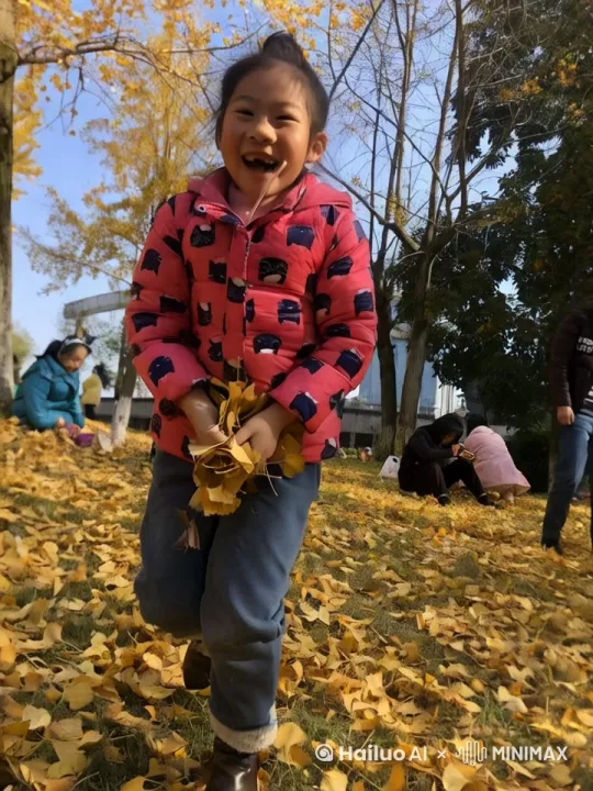 小女孩站在满是落叶的草地上，手中捧着一把金黄色的银杏叶。她抬头望着天空，脸上露出开心的笑容。突然，她用力将手中的银杏叶洒向空中，叶子在阳光下闪烁着金色的光芒，仿佛变成了无数粉色的蝴蝶翩翩起舞。

蝴蝶在空中飞舞，有的围绕着女孩旋转，有的飞向远处的树木。小女孩兴奋地追逐着这些蝴蝶，仿佛自己也变成了其中的一只。她在蝴蝶间穿梭，脸上洋溢着纯真的快乐。

周围的其他人也被这美丽的景象吸引，纷纷停下手中的事情，抬头仰望天空。银杏树在秋风中轻轻摇曳，仿佛在为这场奇妙的蝴蝶舞会伴奏。阳光透过树叶洒在地上，形成斑驳的光影，整个公园仿佛变成了一个童话世界。

小女孩继续奔跑着，笑声回荡在空气中。她时而停下脚步，静静地看着蝴蝶飞舞，时而继续追逐，享受着这难得的快乐时光。在这个秋日的午后，她和蝴蝶们共同编织了一段美好的回忆。 by Hailuo AI Video Generator