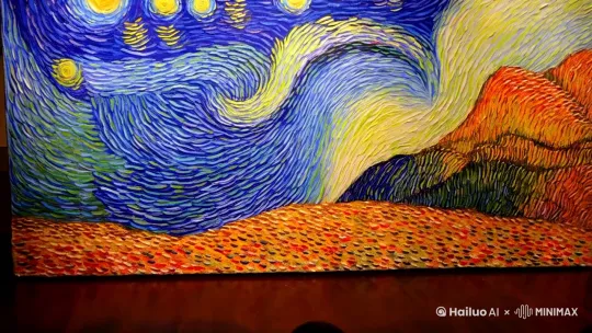 视频前半部分画面呈现出梵高油画风格，色彩浓烈、笔触明显；后半部分突然切换为日本漫画风格，线条简洁、色彩鲜艳，中间通过巧妙的过渡特效进行衔接，形成独特的视觉冲击 by Hailuo AI Video Generator