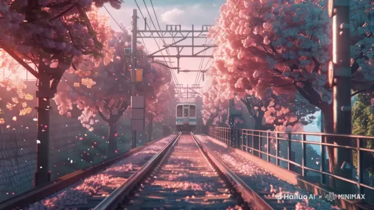 花瓣飘扬，列车缓慢驶来 by Hailuo AI Video Generator