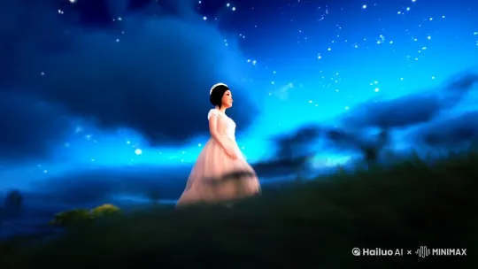 我漂浮在缀满星星的深蓝天幕下，忽然有银铃般的笑声从云层里漏出来。发光的蒲公英组成箭头，指引我走向由月光编织的星门。夜风裹着橙花蜜的甜香，将我的裙摆吹成绽放的百合。

穿过星门的刹那，千万颗水晶风铃在头顶叮咚作响。彩虹般的溪流正载着蓝鳞鱼群跃过鹅卵石，每条鱼的背鳍都闪烁着不同颜色的微光。岸边蘑菇们撑着波点伞旋转，萤火虫在他们帽檐下织出流动的光网，有只胖乎乎的松鼠抱着松果从树洞里探出头，尾巴尖上还粘着半片金箔。

"这边！"会说话的蒲公英突然炸开，金粉落进溪水变成游动的小星星。我跟着漂浮的光点跑过芦苇丛，撞进一片缀满野花的原野。棉花糖云朵低垂得触手可及，粉兔子用耳朵弹奏水晶竖琴，火红狐狸吹着芦苇笛，他们的音符化作七彩泡泡飘向天际。

"要尝尝露珠冰淇淋吗？"戴着厨师帽的棕熊递来薄荷叶托着的冰球，每口都爆开不同果香。远处巨型向日葵正在旋转，金黄花瓣铺成圆形舞池，瓢虫们穿着亮片裙跳华尔兹，甲虫绅士的鞘翅在阳光下泛着祖母绿的光泽。

当紫罗兰色的暮霭漫过山丘，流星群拖着珍珠奶茶的醇香划过夜空。我们乘着月亮船形的热气球降落云海，云朵温泉蒸腾着彩虹色雾气。水獭侍者端来盛在贝壳里的芒果布丁，温泉池底的鹅卵石竟是会变色的软糖，小熊猫用尾巴卷着草莓味泡泡浴球问我："要听水母灯笼唱安眠曲吗？"

子夜时分，所有光点突然汇聚成漩涡。萤火虫们拼出"下次再见"的字样，星门重新开启时化作银手链缠在我腕间。晨光穿透窗帘的刹那，我发现自己正攥着被角傻笑，枕头下压着一片闪着微光的孔雀蓝羽毛。
[左移,推进,右摇] by Hailuo AI Video Generator