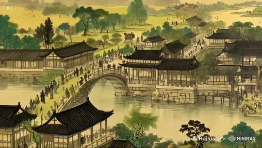 要将这张图片生成一个活灵活现的视频，可以从以下几个方面入手：提示词、运镜效果、场景细节和动态元素。

1. **提示词**：
   - 描述整体场景：这是一个古代江南水乡的场景，有拱桥、流水、古建筑和行人。
   - 强调细节：拱桥上有行人，古建筑临水而建，周围绿树成荫。
   - 动态元素：行人走动，小船在水上漂浮，树叶随风摇曳。

2. **运镜效果**：
   - 开场镜头：从远景慢慢拉近，展示整个水乡的全貌，然后逐渐聚焦到拱桥和周围的建筑。
   - 跟随镜头：沿着拱桥移动，跟随行人走动，展示桥上和桥下的景象。
   - 环绕镜头：围绕一座古建筑旋转，展示建筑的各个角度和周围的环境。
   - 水面镜头：从水面角度拍摄，展示小船在水上漂浮的动态效果。

3. **场景细节**：
   - 拱桥：桥上的行人可以有不同动作，有的在行走，有的停下来观赏风景。
   - 古建筑：建筑的窗户可以打开，展示里面的活动，如有人在读书或写字。
   - 水面：小船在水上漂浮，船上有渔民在撒网或打渔。
   - 树木：树叶随风摇曳，增加画面的生动感。

4. **动态元素**：
   - 行人：行人可以有不同速度和方向的动作，有的在桥上行走，有的在桥下乘船。
   - 小船：小船在水面上漂浮，可以有轻微的晃动效果，增加真实感。
   - 树叶：树叶随风摇曳，可以有不同的速度和方向，增加画面的动态感。

综合以上元素，可以生成一个生动的视频，展现古代江南水乡的美丽景色和人文活动。通过合理的运镜和动态元素的加入，可以让观众感受到身临其境的体验。 by Hailuo AI Video Generator