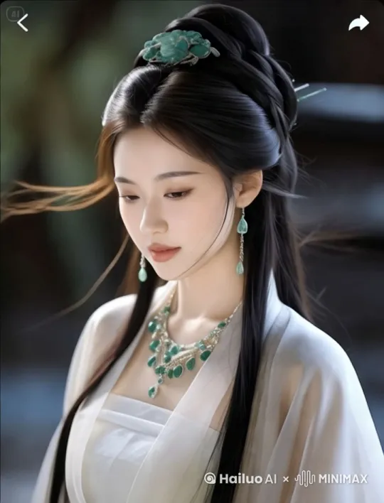 镜头缓缓拉近，一袭素白古装的女子映入眼帘，乌黑长发如绸缎般倾泻。微风轻拂，发丝微动，翠玉发饰在阳光下闪烁微光。目光下移，灵动的翡翠耳坠摇曳生姿，层次丰富的翡翠项链更添华贵。女子眉眼低垂，神情温婉，尽显东方古典美人的神韵，仿佛从千年画卷中款款走来。 by Hailuo AI Video Generator