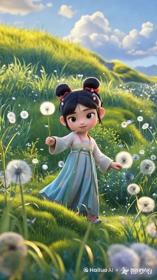 [推进,上升]圆脸杏眼双髻女孩在草丛中行走，广袤原野布满高密度野草，手持蒲公英，4k全景，中国古代卡通、3D卡通风格，皮克斯风格比例9：16 by Hailuo AI Video Generator