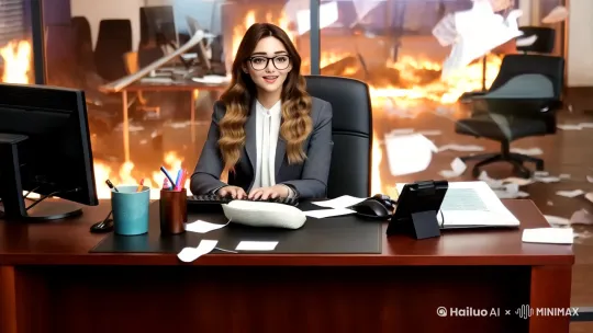 镜头从一张办公桌前缓缓上升，拍摄到办公桌上电脑后方的人，人身后的办公室内内正在燃烧着熊熊大火，一些废纸在屋内飘动。随着镜头移动，摄像机聚焦于电脑前的人，可以看见人后方虚化的房屋中的火焰，坐在电脑前的人面部被电脑的屏幕光照亮，表情自然，面带微笑地敲击键盘，和后方的混乱形成对比。 by Hailuo AI Video Generator
