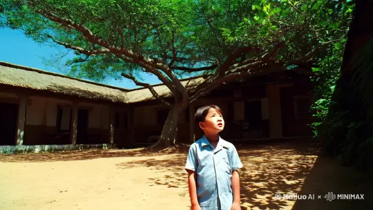 中国上世纪八十年代，夏天的农家小院，一棵参天大树下面，一个小孩正在仰头望向大树顶端，在大树顶端正有一架小飞机飞过去。 by Hailuo AI Video Generator