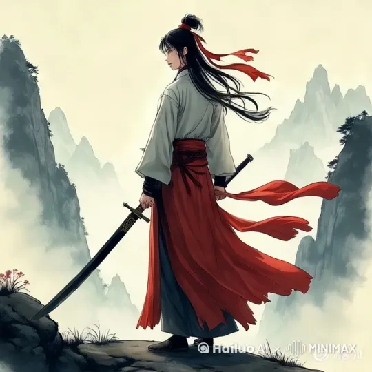 风吹动女侠的衣衫和长发。女侠慢慢转身塑向远方的天空[推出,上升,下摇] by Hailuo AI Video Generator