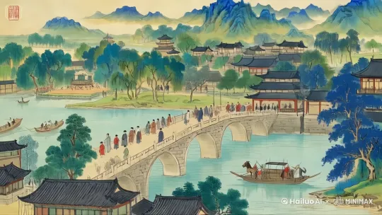 为了将这幅美丽的传统山水画转化为生动的视频，我们需要充分利用运镜效果和场景转换。以下是一个详细的视频制作方案：

1. **开场镜头**：
   - 从远景开始，逐渐拉近镜头，展示整个山水画的壮丽景色。山峦叠嶂，河流蜿蜒，建筑错落有致。
   - 使用缓慢的推镜头和拉镜头相结合，逐渐拉近观众与画面的距离，让他们感受到画面的层次感和深度。

2. **桥梁上的行人**：
   - 镜头慢慢移动到桥梁上，跟随桥上行人的步伐，展现他们的服饰和行为。
   - 使用跟踪镜头（Tracking Shot），让观众感觉仿佛自己也行走在桥上，感受古代生活的氛围。

3. **河面上的船只**：
   - 镜头转向河面，跟随船只的移动，展示船上的乘客和货物。
   - 使用平移镜头（Pan Shot），让观众看到船只在水面上缓缓前行，感受河水的宁静和流动。

4. **建筑群**：
   - 镜头转向河岸的建筑群，展示古建筑的细节和布局。
   - 使用俯拍镜头（High Angle Shot），让观众从高处俯瞰整个建筑群，感受古代城镇的繁荣和秩序。

5. **自然景观**：
   - 镜头转向周围的自然景观，展示树木、山峦和河流。
   - 使用环绕镜头（Orbit Shot），让观众360度全方位欣赏自然景观，感受大自然的美丽和宁静。

6. **结尾镜头**：
   - 最后，镜头再次拉远，回到远景，展示整个画面的全景。
   - 使用慢速推镜头和拉镜头相结合，逐渐将观众带离画面，留下深刻的印象。

通过以上运镜效果，我们可以将这幅静态的传统山水画转化为一部生动的视频，让观众仿佛置身于古代的山水之间，感受那份宁静与美好。 by Hailuo AI Video Generator