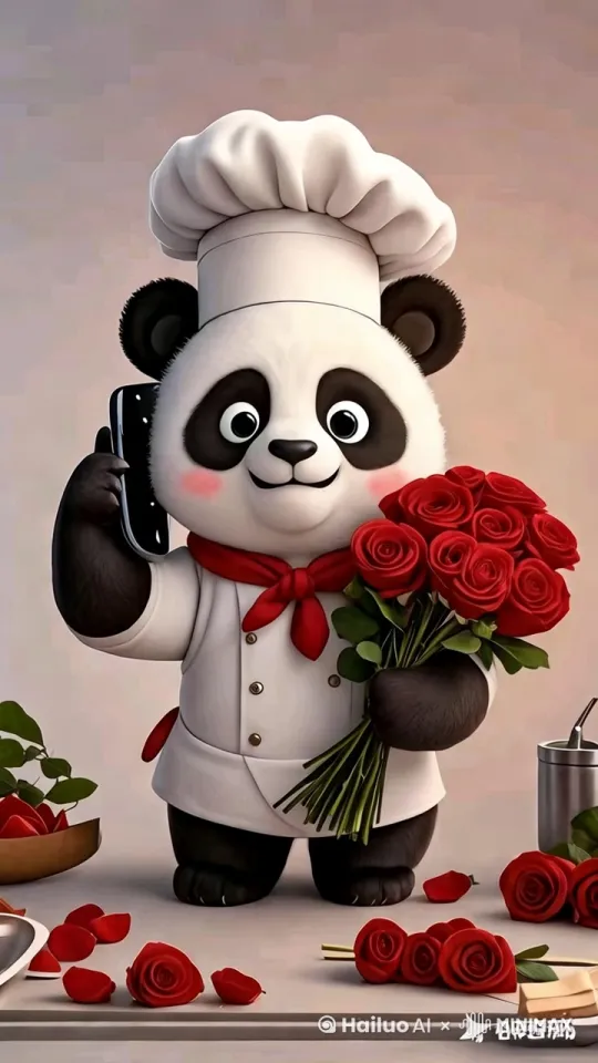 图片中的主体拿着玫瑰花开心地祝女神节快乐。图片中的熊猫主体正在打电话，嘴巴开心的动起来，聊着天[左移,上升] by Hailuo AI Video Generator