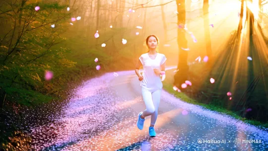 "唯美电影风格，清晨森林中金色丁达尔光束穿透薄雾，20岁亚裔女孩身着白色丝绸运动服在林间小径慢跑。柔和的逆光勾勒出发丝光晕，运动轨迹带起飘落的樱花花瓣。慢镜头捕捉晶莹汗珠与光尘共舞，广角镜头展现光束的放射状构图，焦外光斑如星空闪烁。色彩基调为琥珀金与雾霭蓝，搭配浅景深和动态模糊效果，整体呈现治愈系梦幻氛围。" by Hailuo AI Video Generator