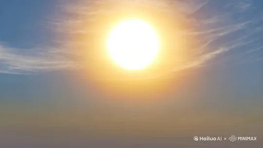 一个缓缓升起的太阳，里面飘浮出来一只巨大可爱的橘色超人猫咪，在拯救世界。 by Hailuo AI Video Generator