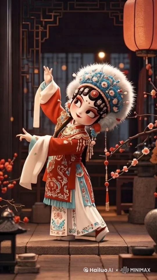 固定镜头，一个京剧花旦在翩翩起舞 by Hailuo AI Video Generator