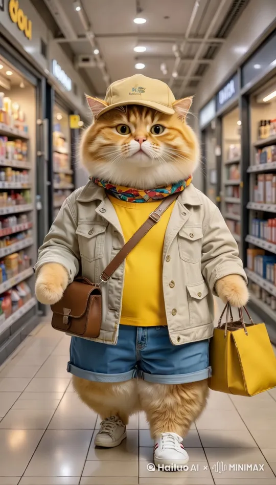 [上升,拉远,跟随]一只猫正在超市购物，边走边看 by Hailuo AI Video Generator