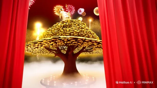 1. 基础版：  [全景平推] 金元宝堆叠的摇钱树缓缓旋转，财神手持如意从云雾中显现，粒子金光特效，红绸飘动，背景烟花绽放 
2. 动态运镜版：  [环绕跟拍→俯冲特写] 3D质感摇钱树枝干生长延伸，金币叮当掉落过程中，财神袍角翻飞踏祥云而降，镜头带动态模糊 
3. 节日氛围版：  [低角度仰拍] 巨型剪纸风格财神立于宫灯之间，摇钱树用流体金属材质，枝叶流淌黄金粒子，搭配舞狮队虚化背景

 [镜头震颤+0.3] （表现金币掉落震动）
 [径向模糊 强度5] （增强祥云流动感）
 [色温+500K] （强化金色主色调） by Hailuo AI Video Generator